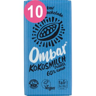 Ombar 10 er Pack Kokosmilch Dunkel Bio Roh-Schokolade, 10 x 35 g